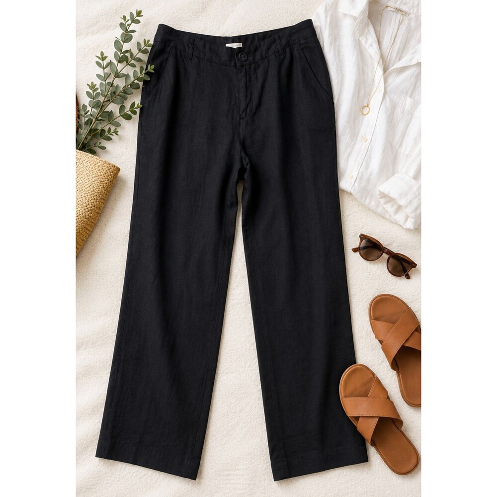 Garnet Hill Black Linen Straight-Leg Pants